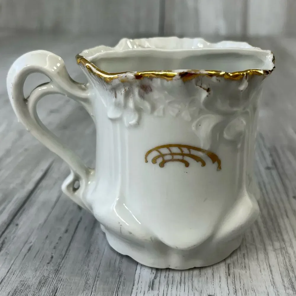 Vintage Victorian White Pink Green Floral Accent Gold Trim Shaving Mug Cup Decor
